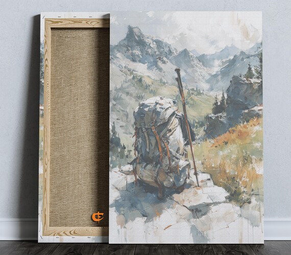 Hiking Backpack Trekking Poles Mountain Summit Adventure Art Poster