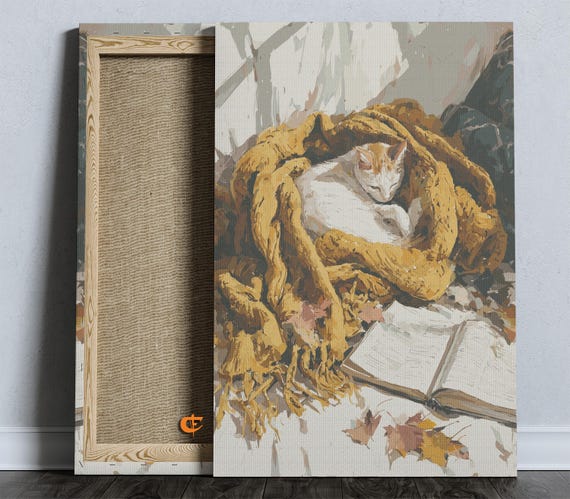 Rustic Fall Cat By Window Cozy Vintage Art Autumn Decor Earthy Tones Wall Home For Lovers 1761