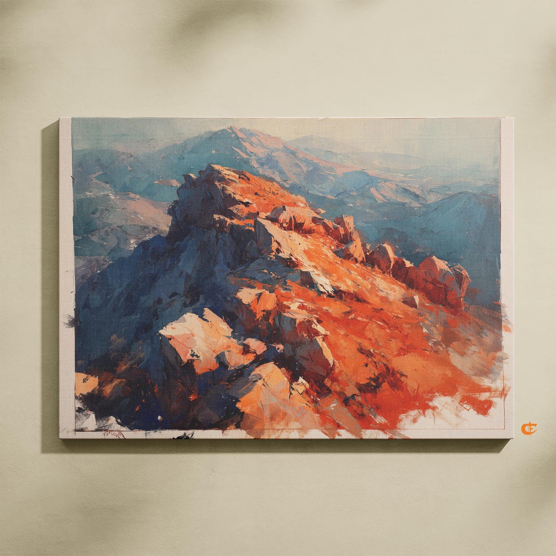 Sunlit Rocky Summit Peak in Bold Orange and Blue Fine Art Poster