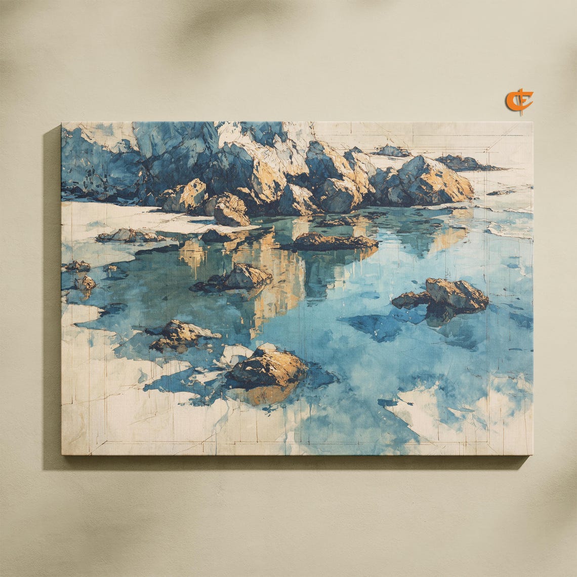 Coastal Tide Pools Watercolor Golden Rocks Ocean Reflection Poster