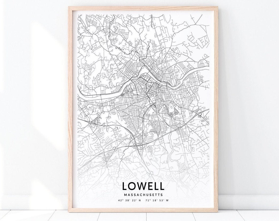 Lowell Map Print Massachusetts Art Poster City Street Road Black White Modern Wall Office Decor