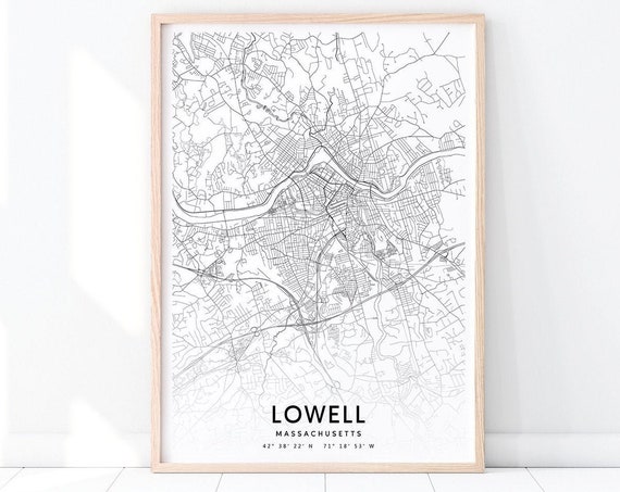 Lowell Map Print Massachusetts Art Poster City Street Road Black White Modern Wall Office Decor