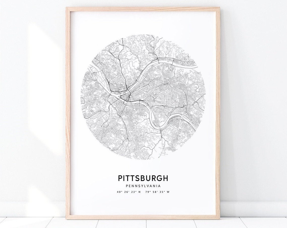 Pittsburgh Pennsylvania Circular Street Map Poster with Coordinates