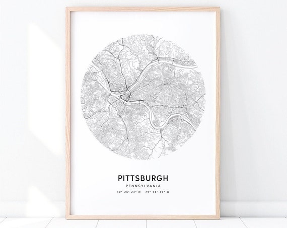 Pittsburgh Map Print Pennsylvania Art Poster City Street Road Black White Modern Minimalist Office Decor