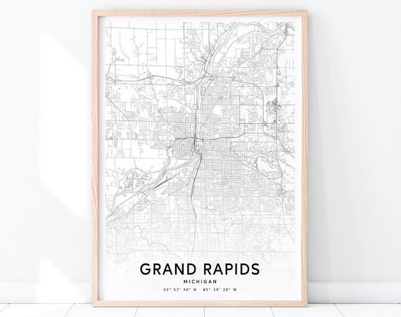 Grand Rapids Map Print Michigan Usa Art Poster City Street Road Modern Wall Office Decor