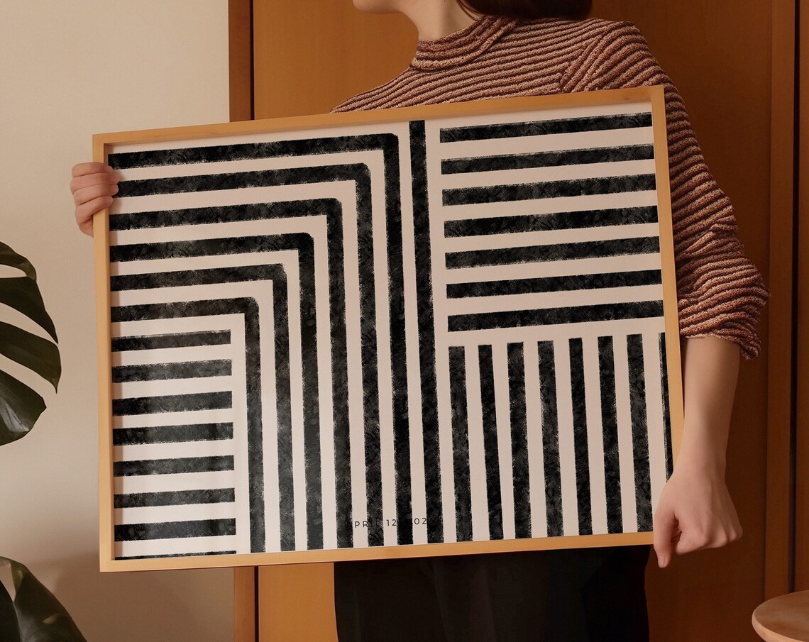 Horizontal Minimal Lines Black and Beige Art Print