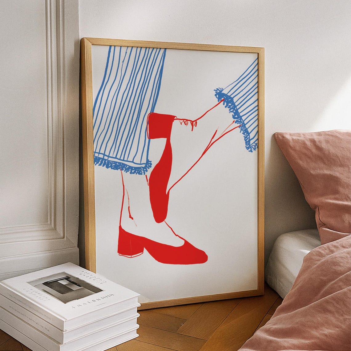Red Boots Blue Jeans Playful Fashion Illustration Art Poster