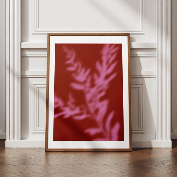Red Botanical Shadow Art Print Minimalist Leaf Silhouette Poster Warm Abstract Wall Moody Natureinspired Decor