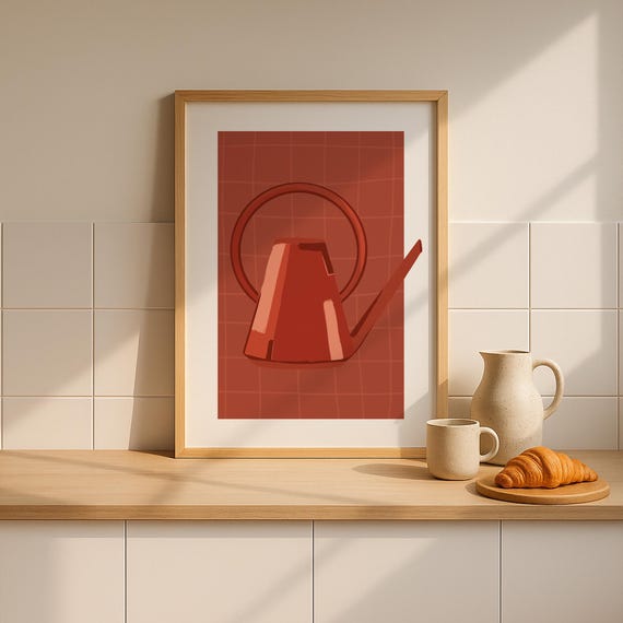 Red Teapot Poster Retro Kitchen Wall Art Monochromatic Artwork Mid Century Modern Style Warm Vintage Decor