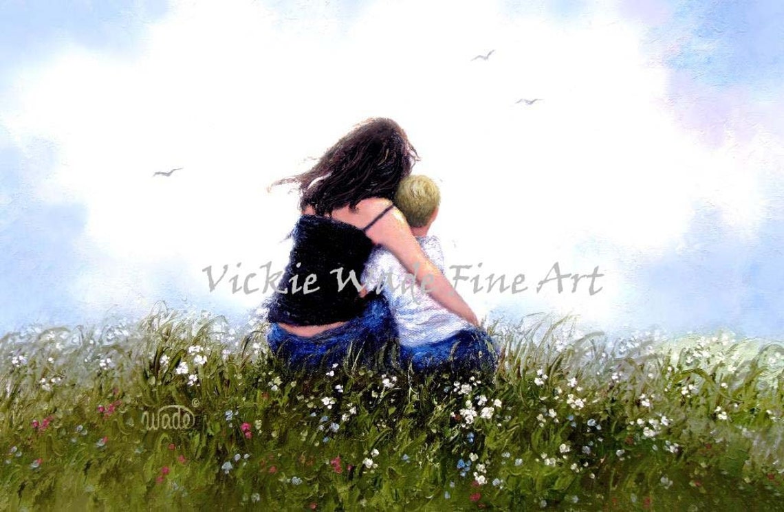 Mother Hugging Her Son in a Blooming Wildflower Meadow Scene Poster