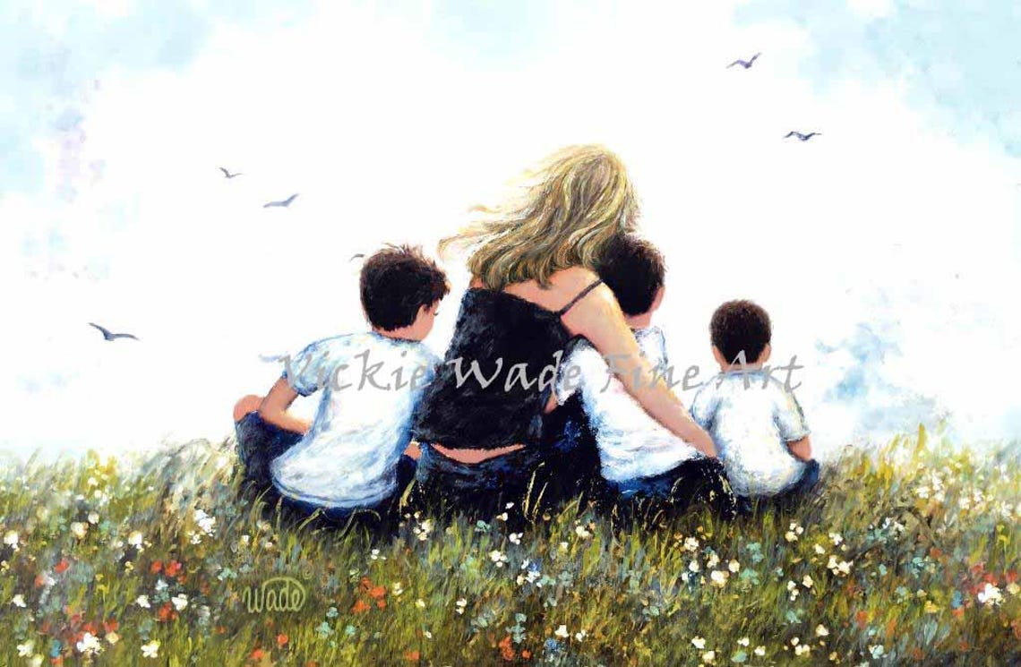 Blonde Mother with Three Sons Sitting in Wildflower Meadow Poster