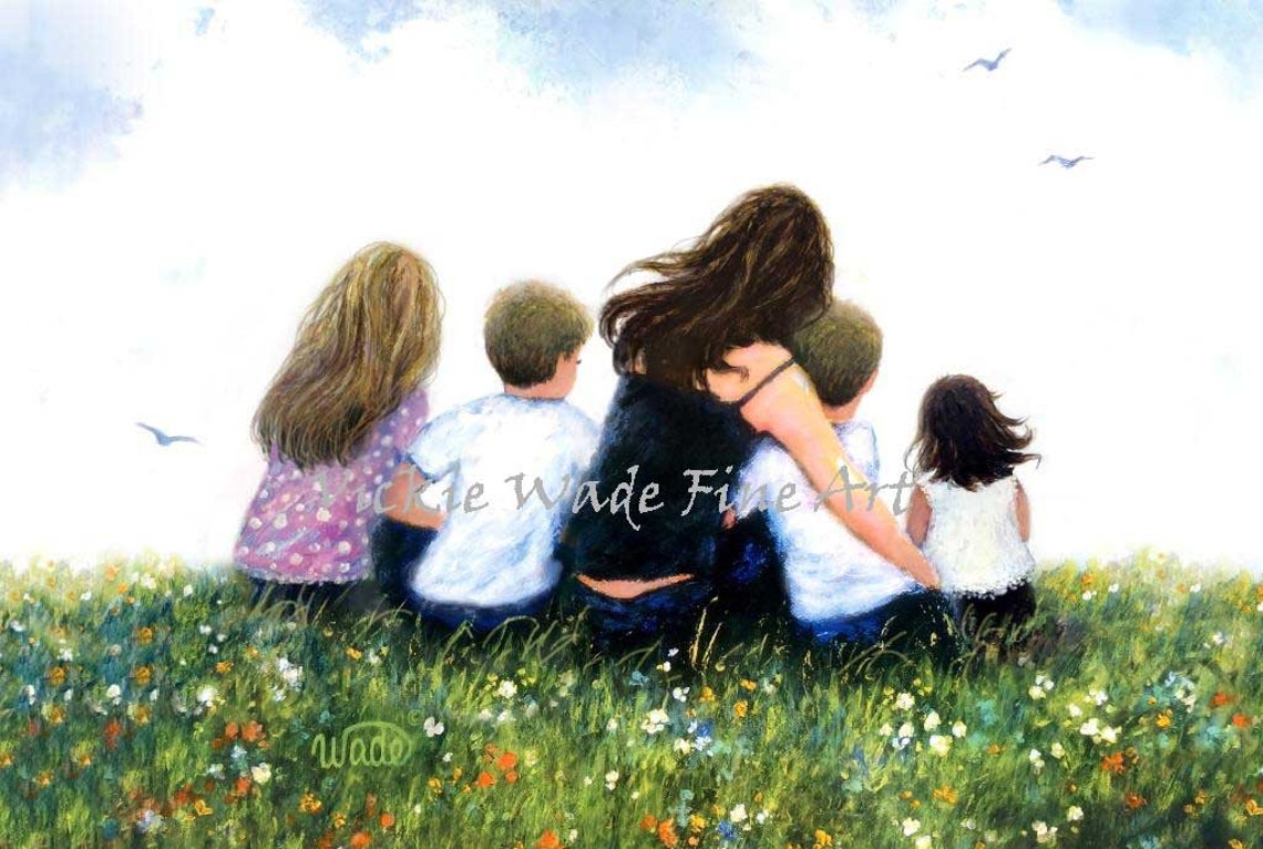 Mother Hugging Four Children in a Flower Meadow Together Poster