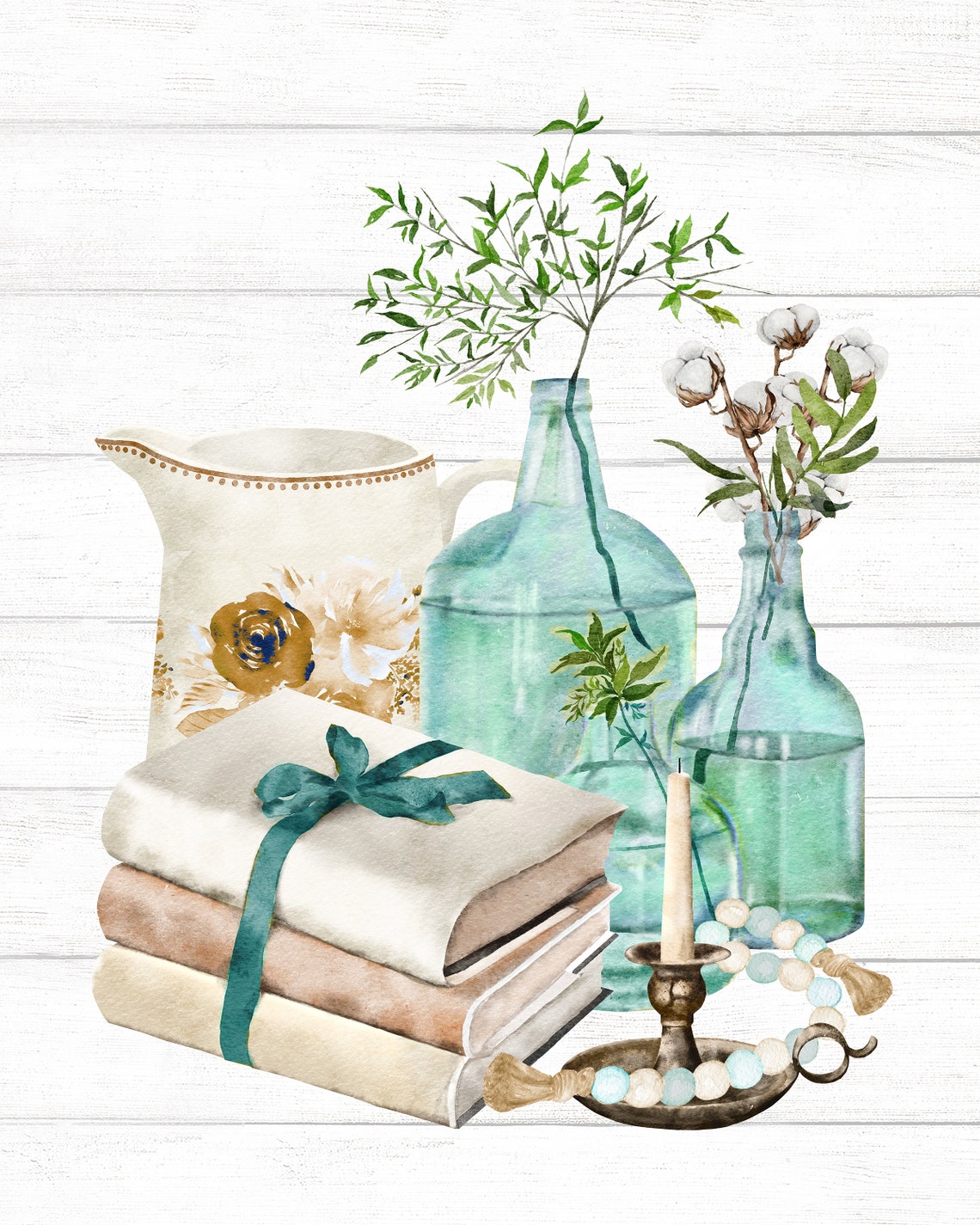 Stacked Rustic Books with Greenery and Vintage Bottles Poster - Image 2