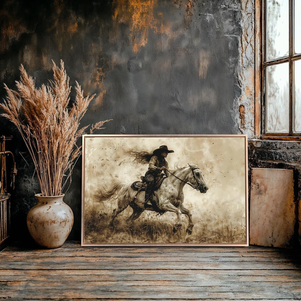 Cowgirl on Galloping Horse Western Equestrian Art Print - Image 3
