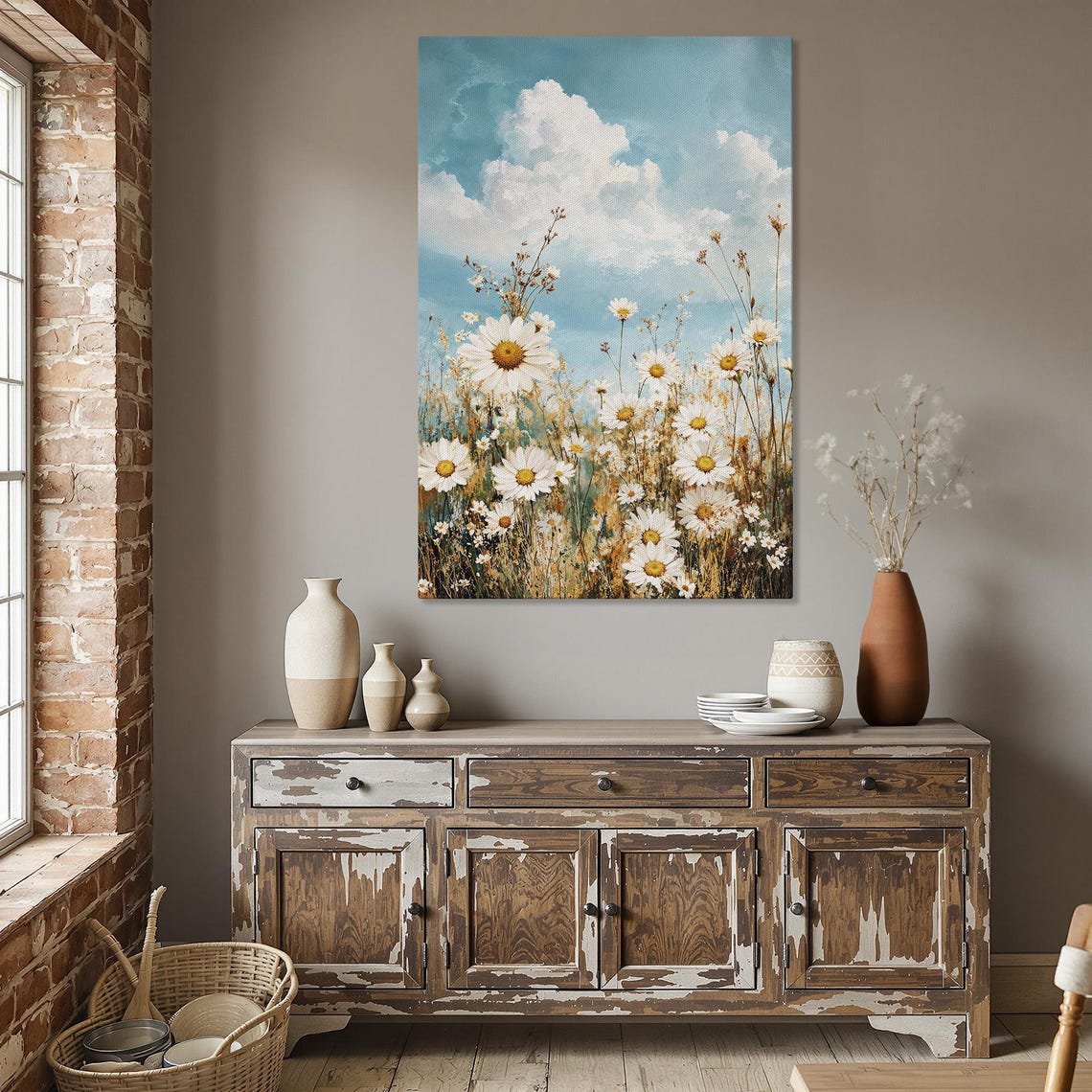 Spring Daisies Field Blue Sky Rustic Floral Painting Poster Decor