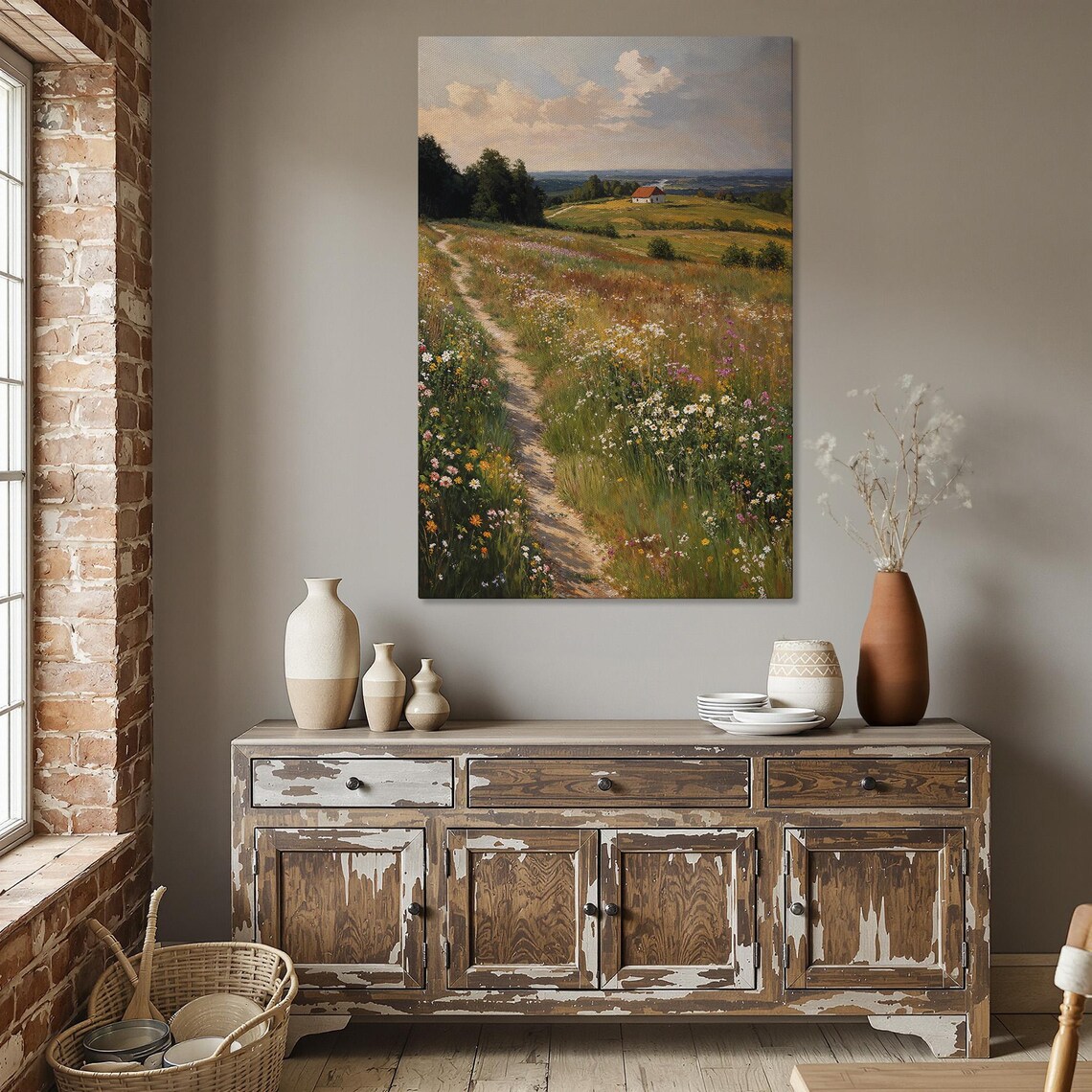 Rustic Farmhouse Wildflower Meadow Path Summer Painting Poster