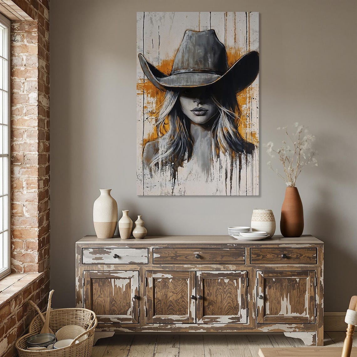 Rustic Cowgirl Portrait Black Cowboy Hat Bold Western Art Poster - Image 5