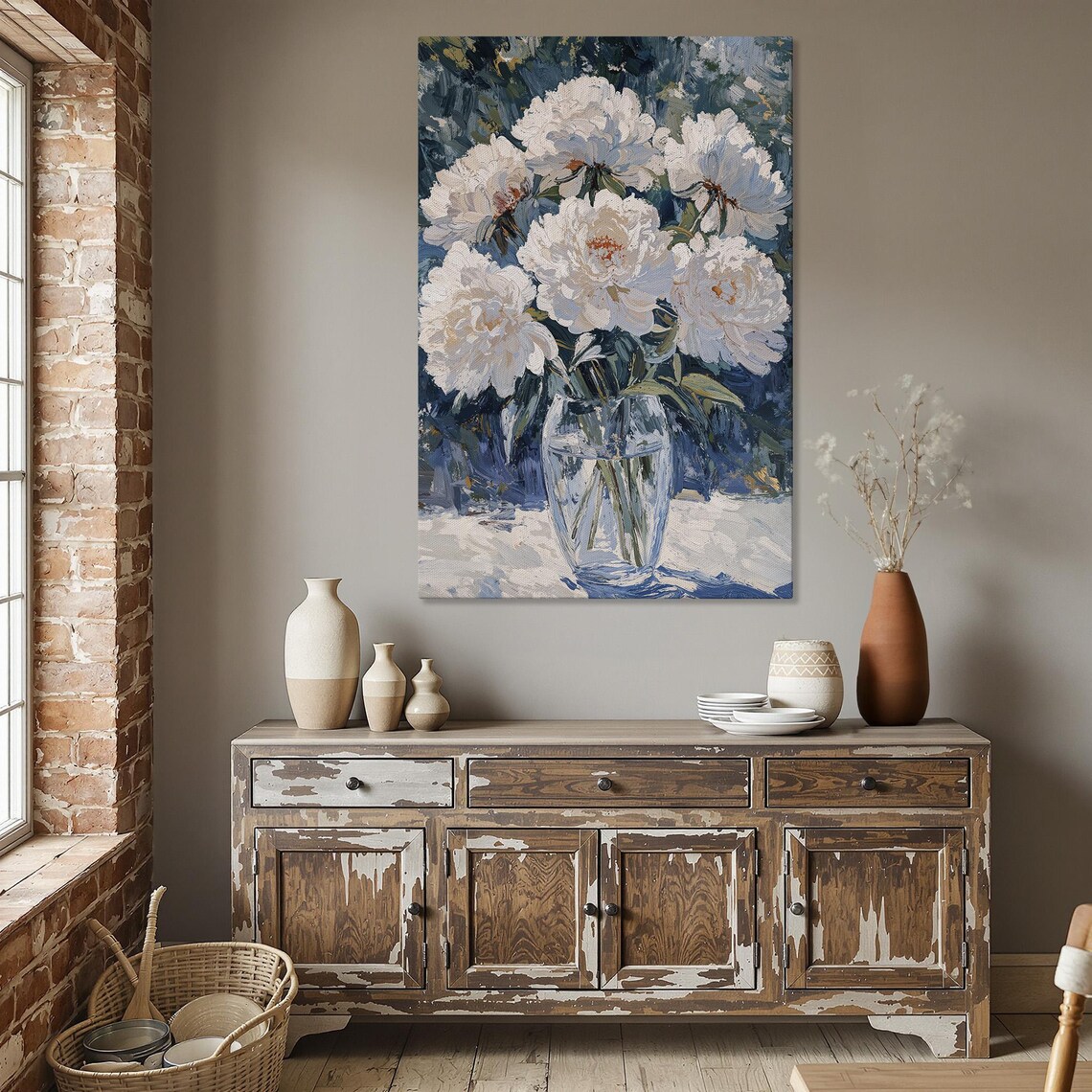 White Peony Bouquet in Glass Vase Impasto Floral Painting Poster - Image 5