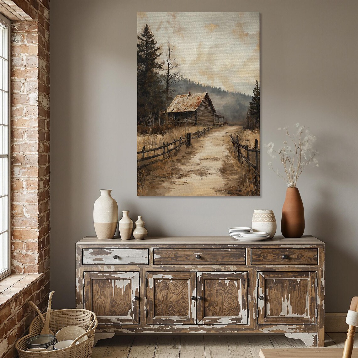 Rustic Log Cabin Misty Autumn Forest Dirt Road Country Poster