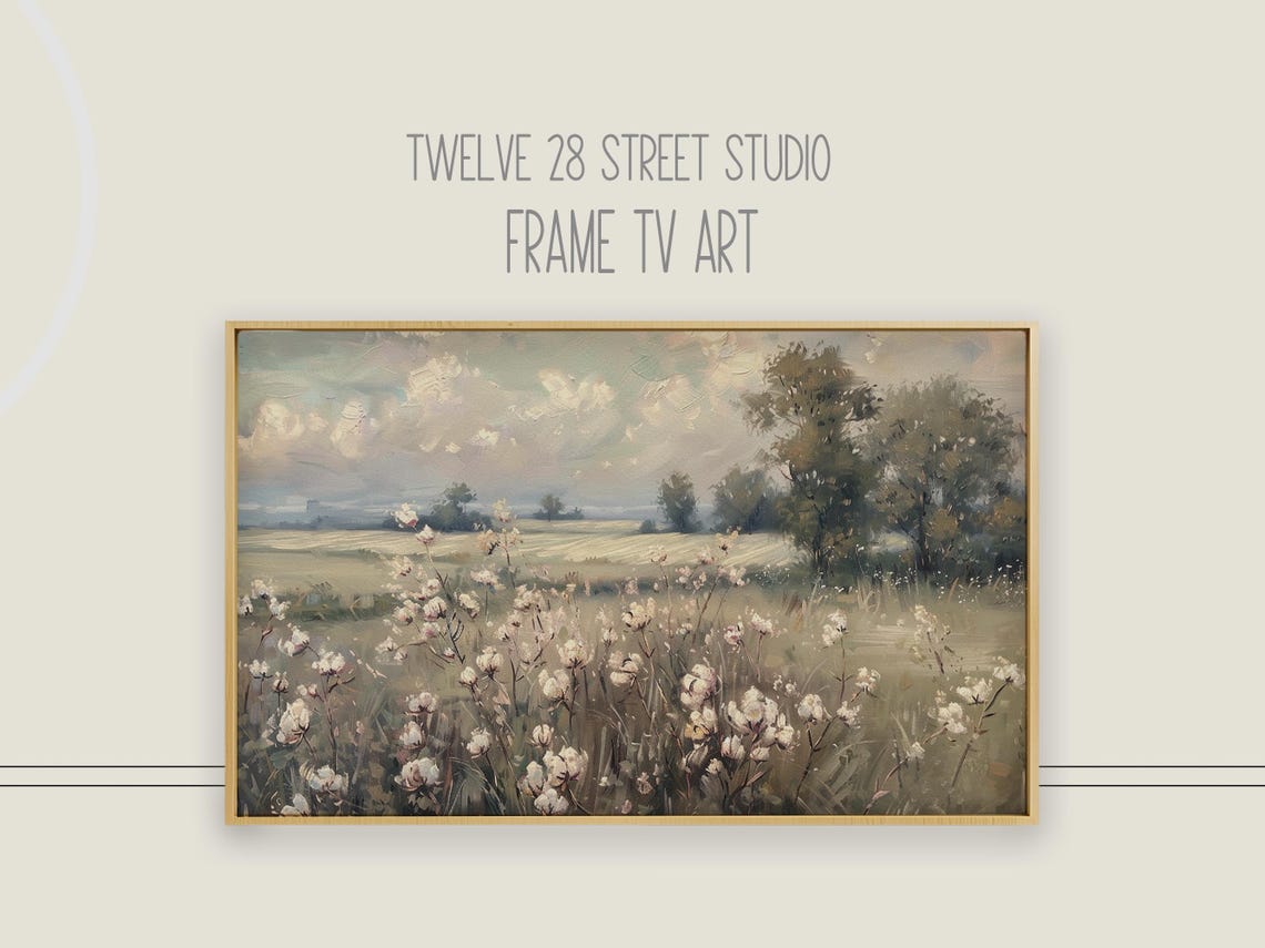 Cotton Field Countryside Meadow Vintage Landscape Painting Wall Art