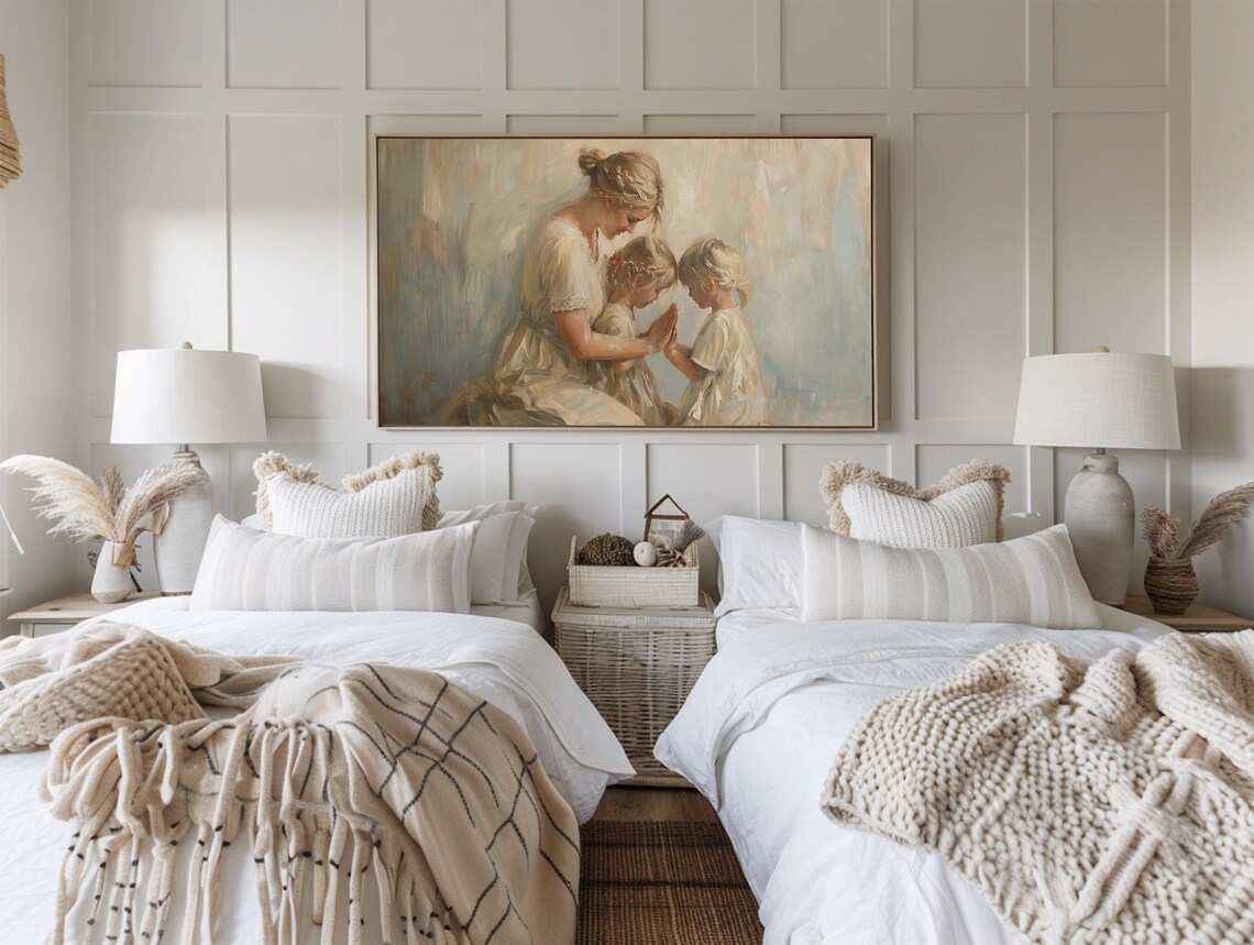 Mother Praying with Two Daughters White Dresses Tender Christian Art Poster - Image 3