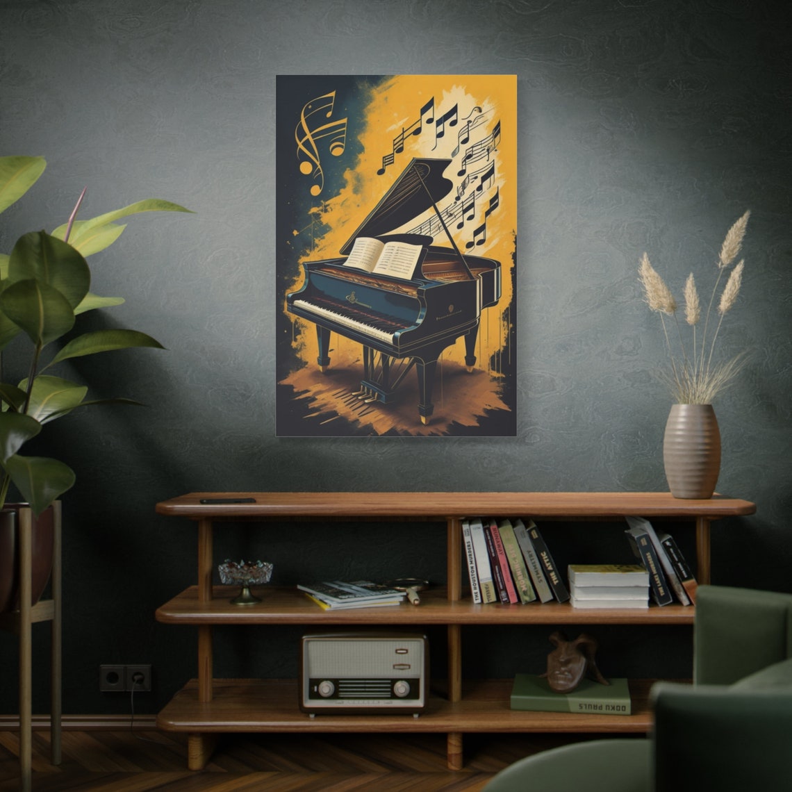 Vintage Black Grand Piano Sheet Music Gold Notes Retro Jazz Poster - Image 4