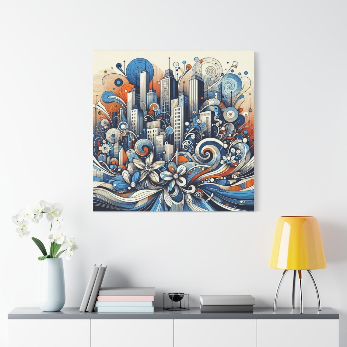 Floral Skyscraper City Swirls Blue Orange Urban Wall Art Poster - Image 2