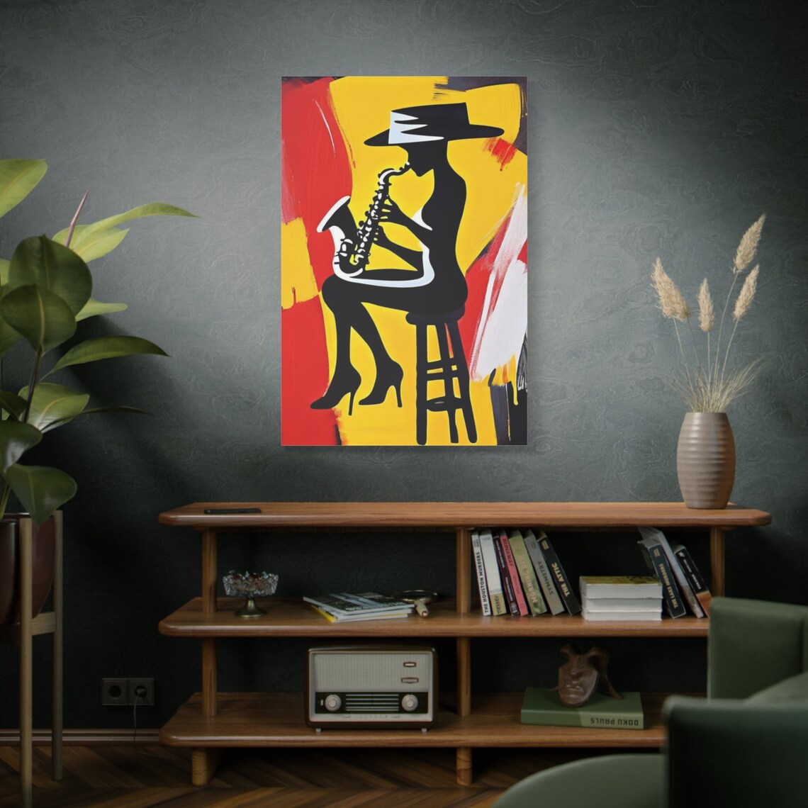 Jazz Saxophone Woman Silhouette Hat Bold Yellow Red Abstract Poster - Image 4