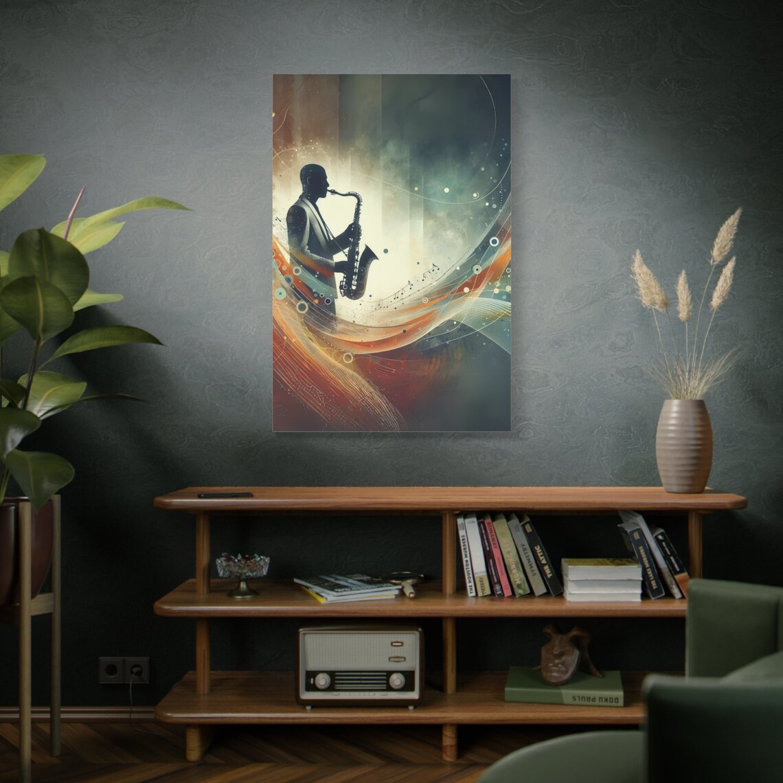 Jazz Saxophone Player Silhouette Abstract Music Notes Modern Wall Poster - Image 4
