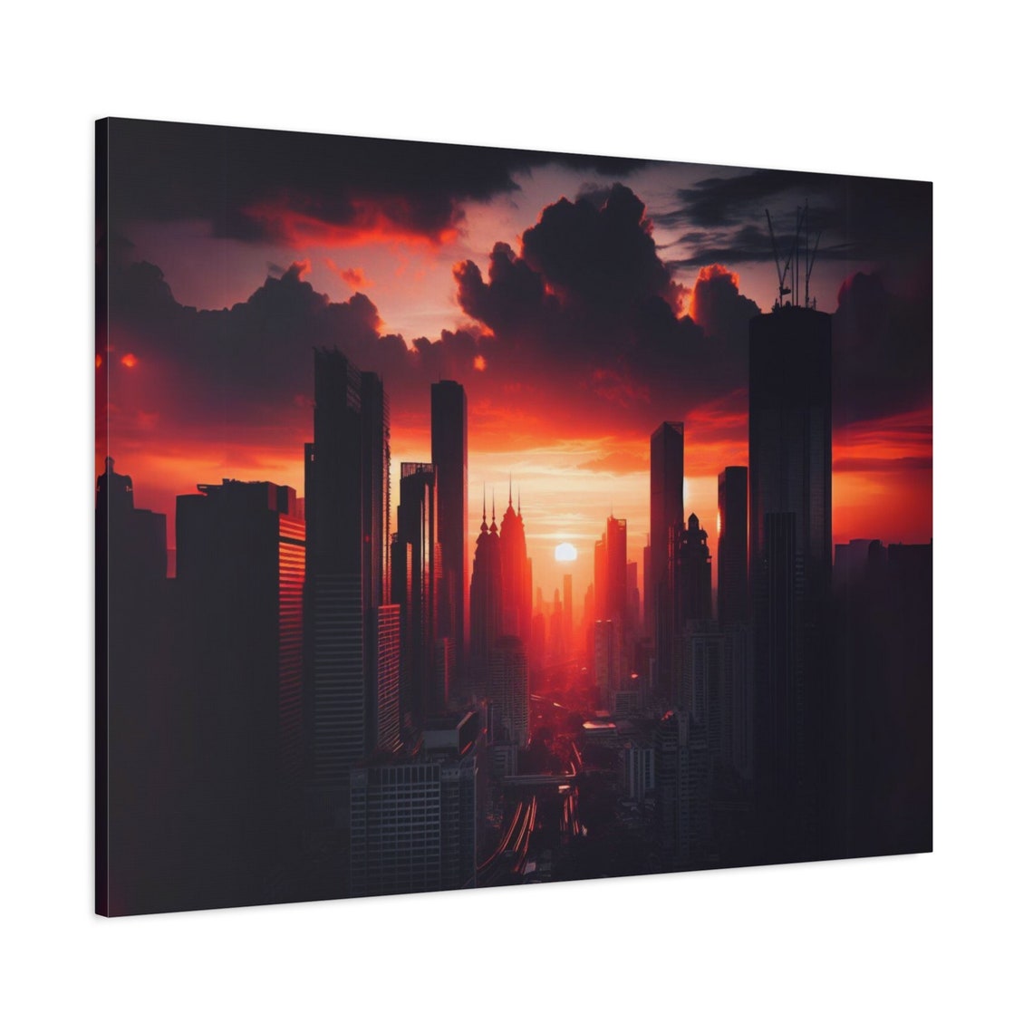 City Skyline Silhouette Dramatic Red Sunset Clouds Urban View Poster