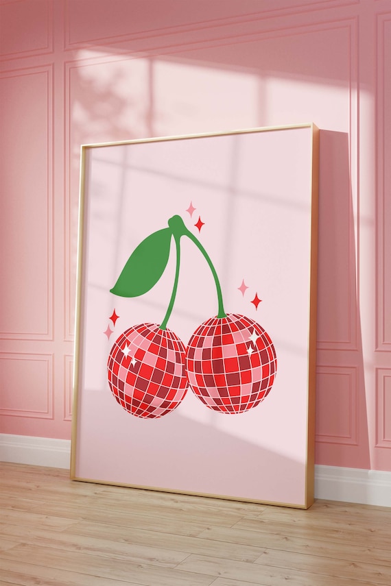 Disco Cherries Disco Ball Retro Pink Pop Sparkle Funky Art Print