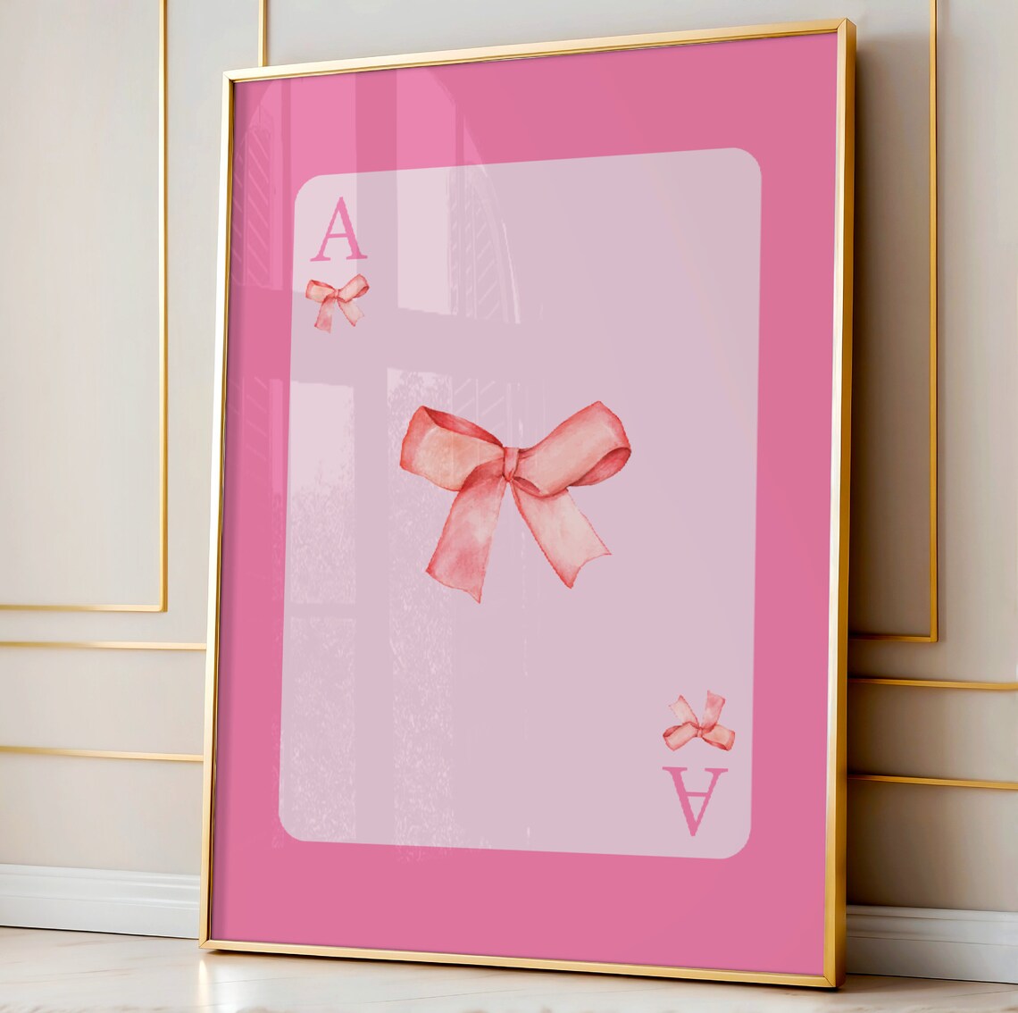 Pink Ace Playing Card Watercolor Bow Coquette Girly Wall Art