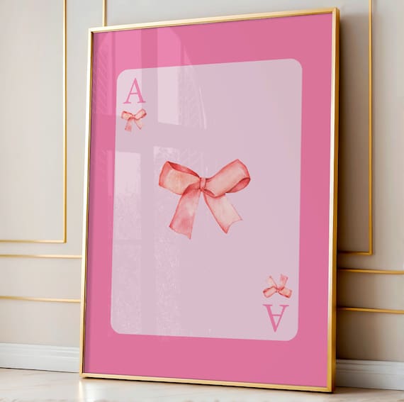 Pink Ace Playing Card Watercolor Bow Coquette Girly Wall Art