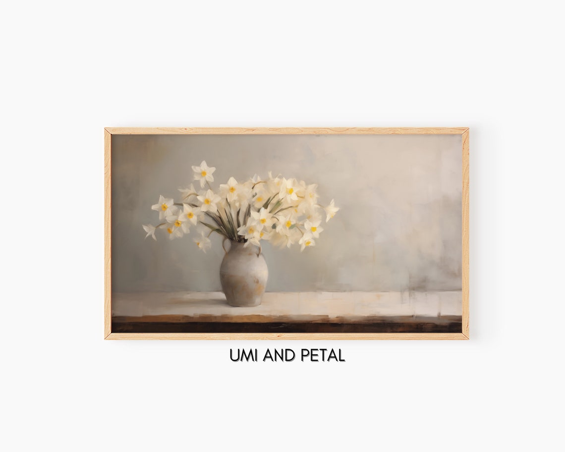 White Daffodils Spring Bouquet Vintage Still Life Oil Painting Poster