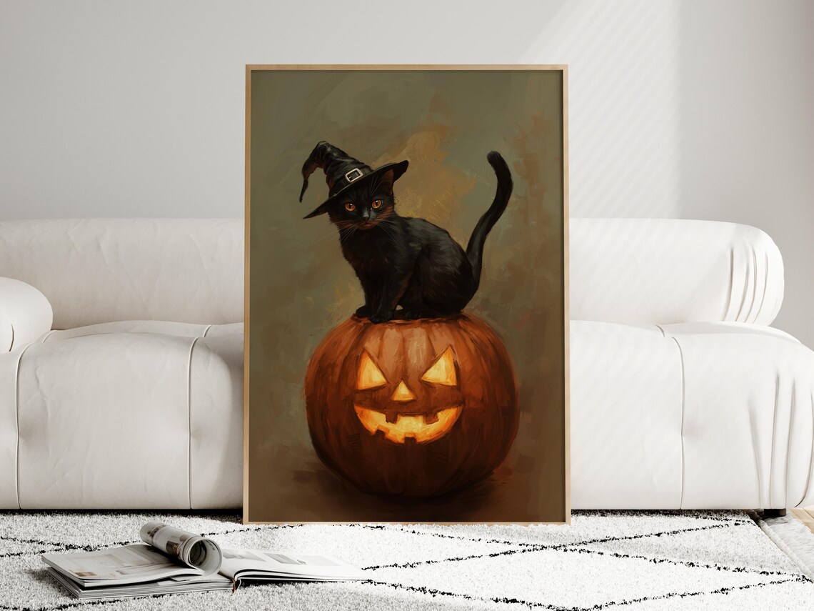 Cute Black Cat Halloween Vintage, Cat In Pumpkin - Image 2
