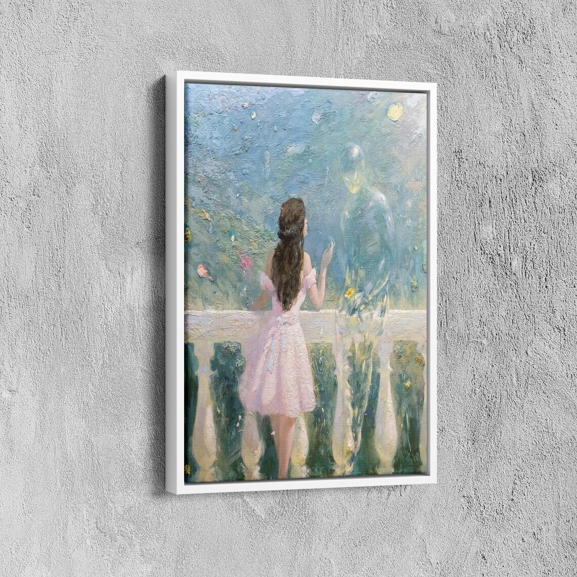 Young Woman Meeting a Ghostly Soulmate on a Balcony Art Poster - Image 5