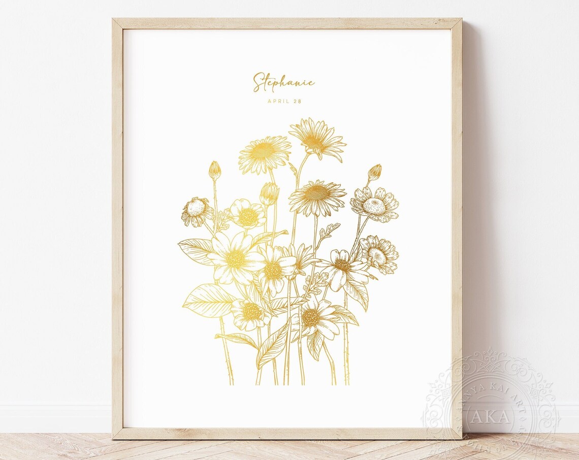 Daisy April Birth Flower Gold Botanical Wildflower Bouquet Art Print