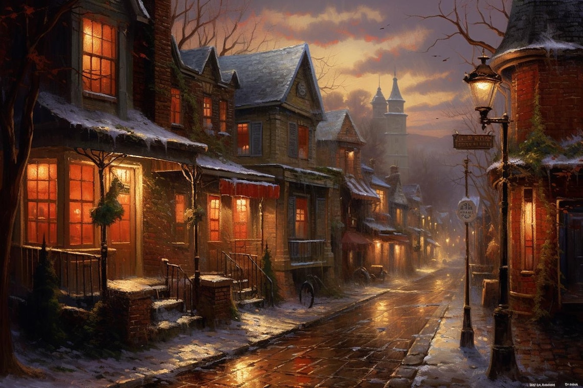 Thomas Kinkade-Inspired Cozy Village Art Print