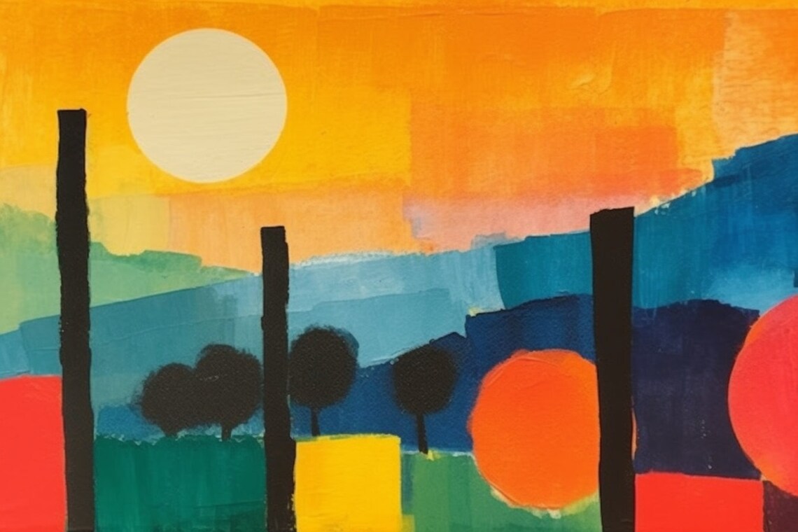 Etel Adnan Sunset With Fence Posts, Geometric Fields