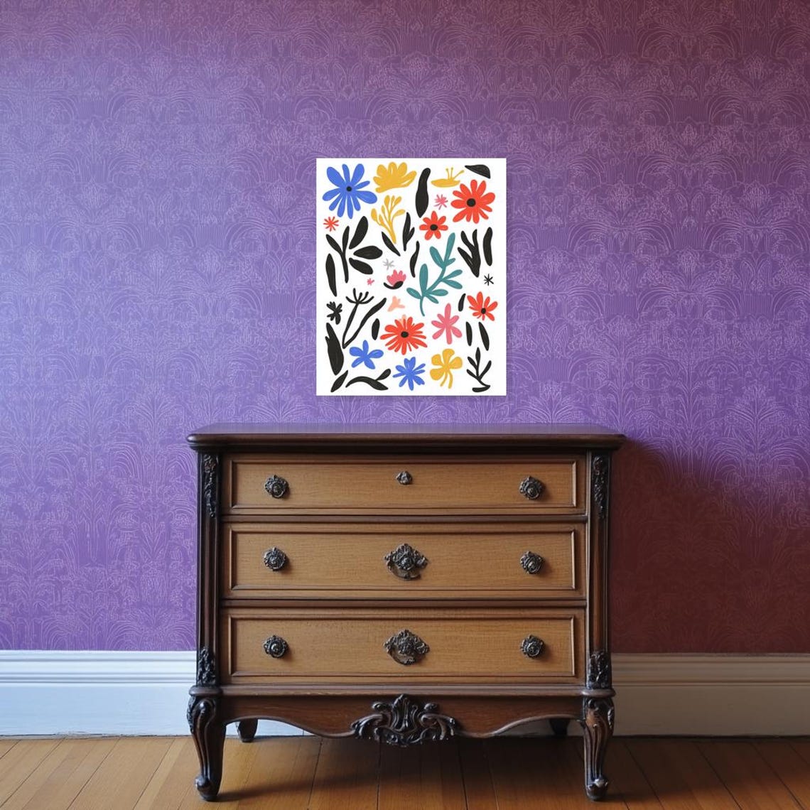 Bold Matisse Style Floral Pattern in Red Blue and Yellow Poster - Image 2