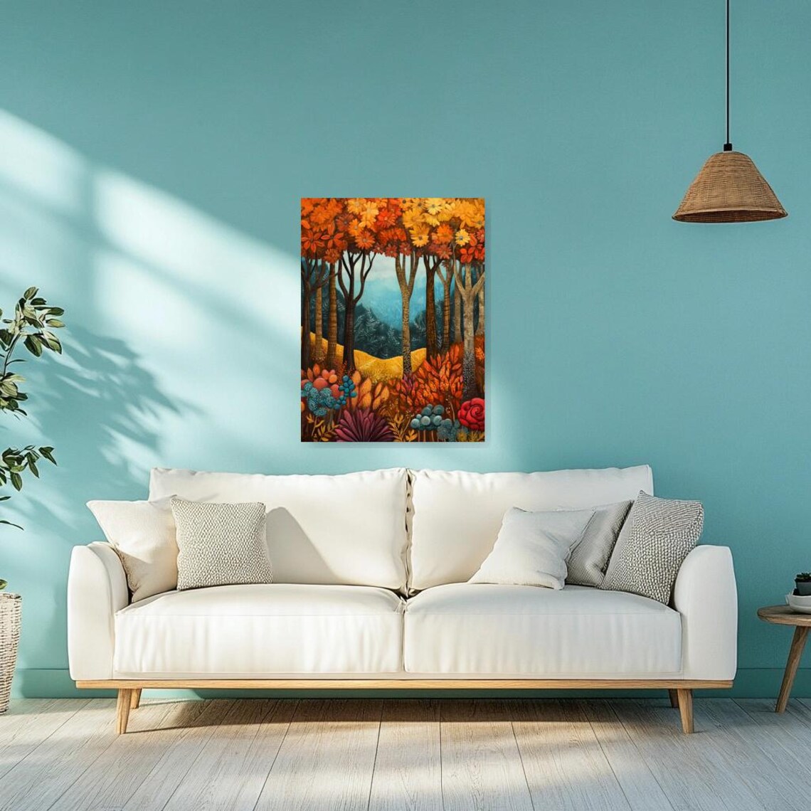 Autumn Forest Golden Flower Canopy Folk Art Landscape Poster - Image 2