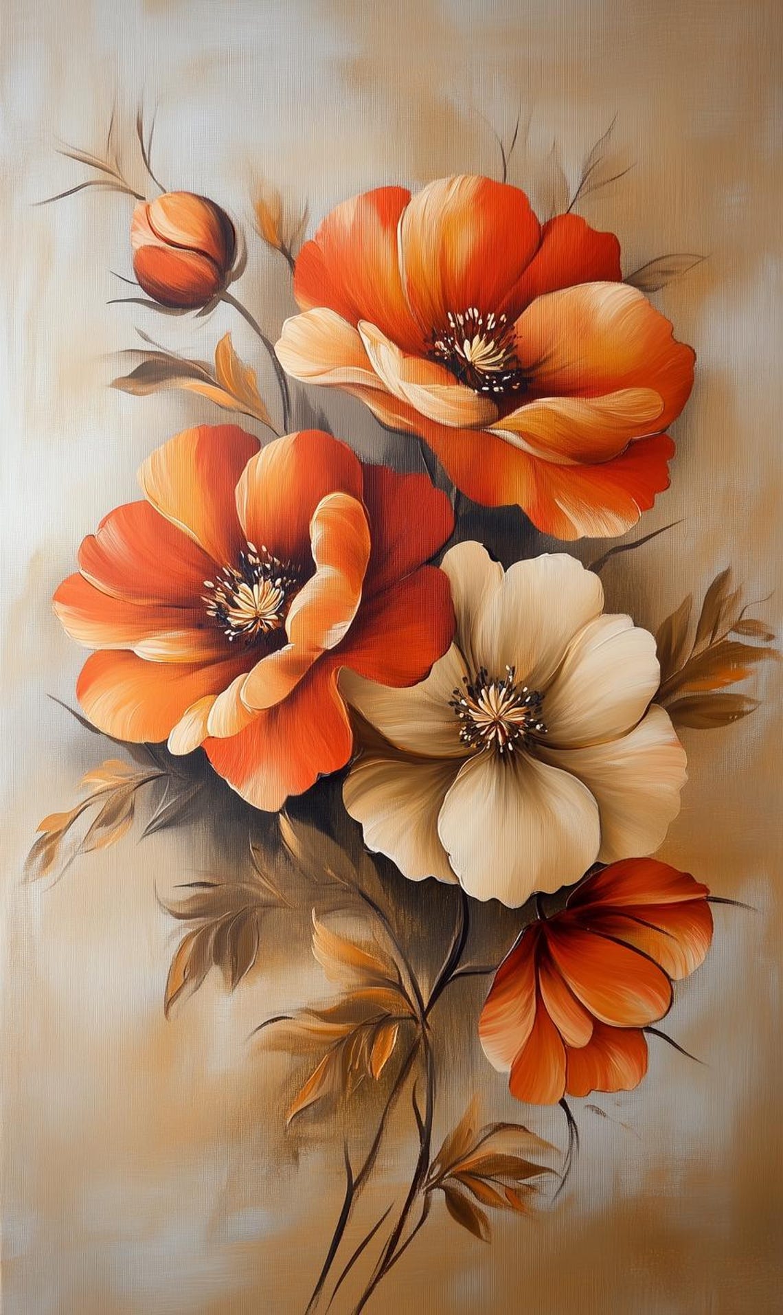 Orange Poppy Bloom Cluster Warm Beige Impressionist Floral Poster