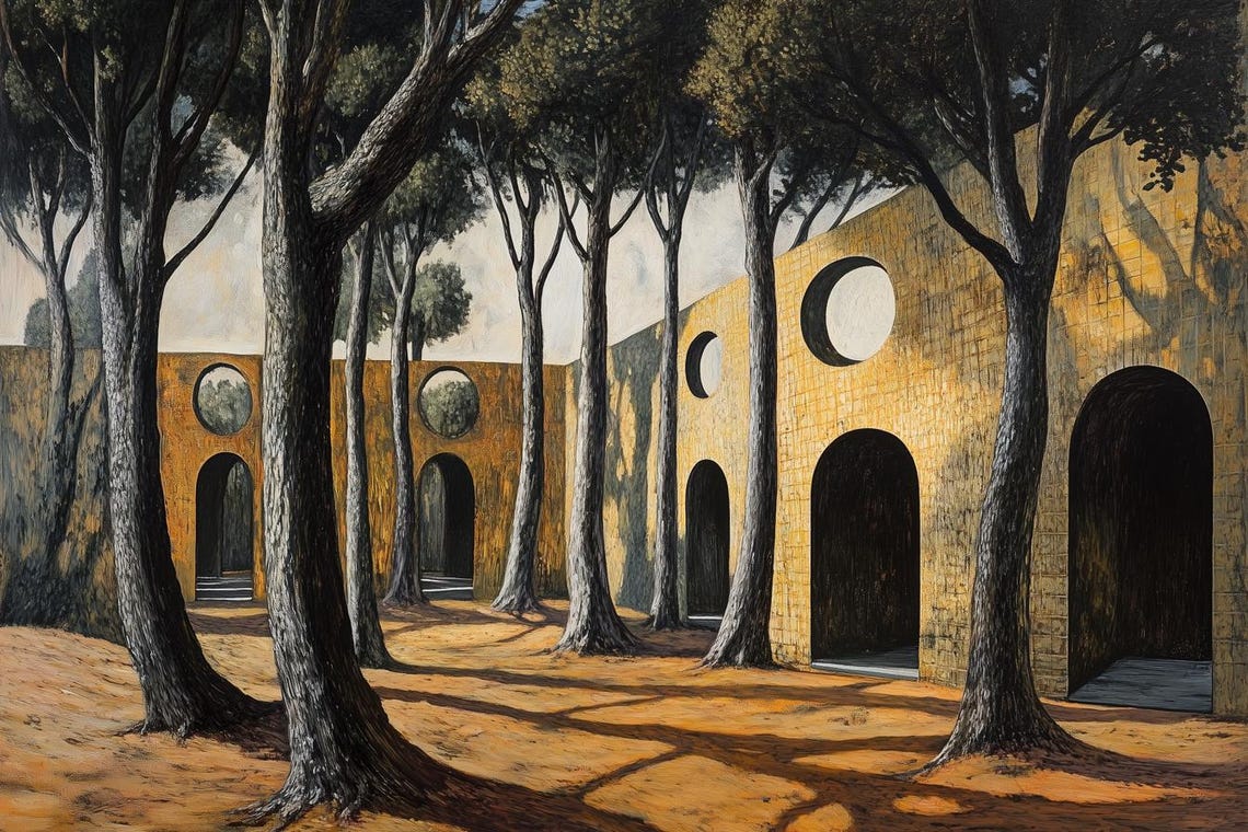 Surreal De Chirico Style Colonnade in Warm Earth Tones Poster