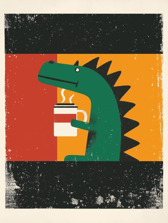 Colorful Print Of A Dragon Enjoying Coffee In Retro Style Wall Art For Home Decor Inspired By Mid Century Artists