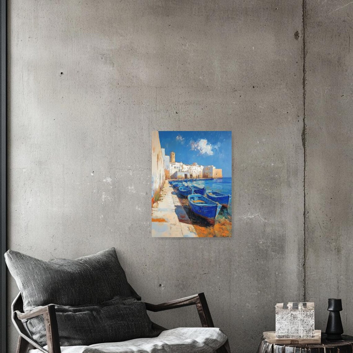 Mediterranean Harbor Blue Boats Coastal Village Impasto Oil Poster - Image 3