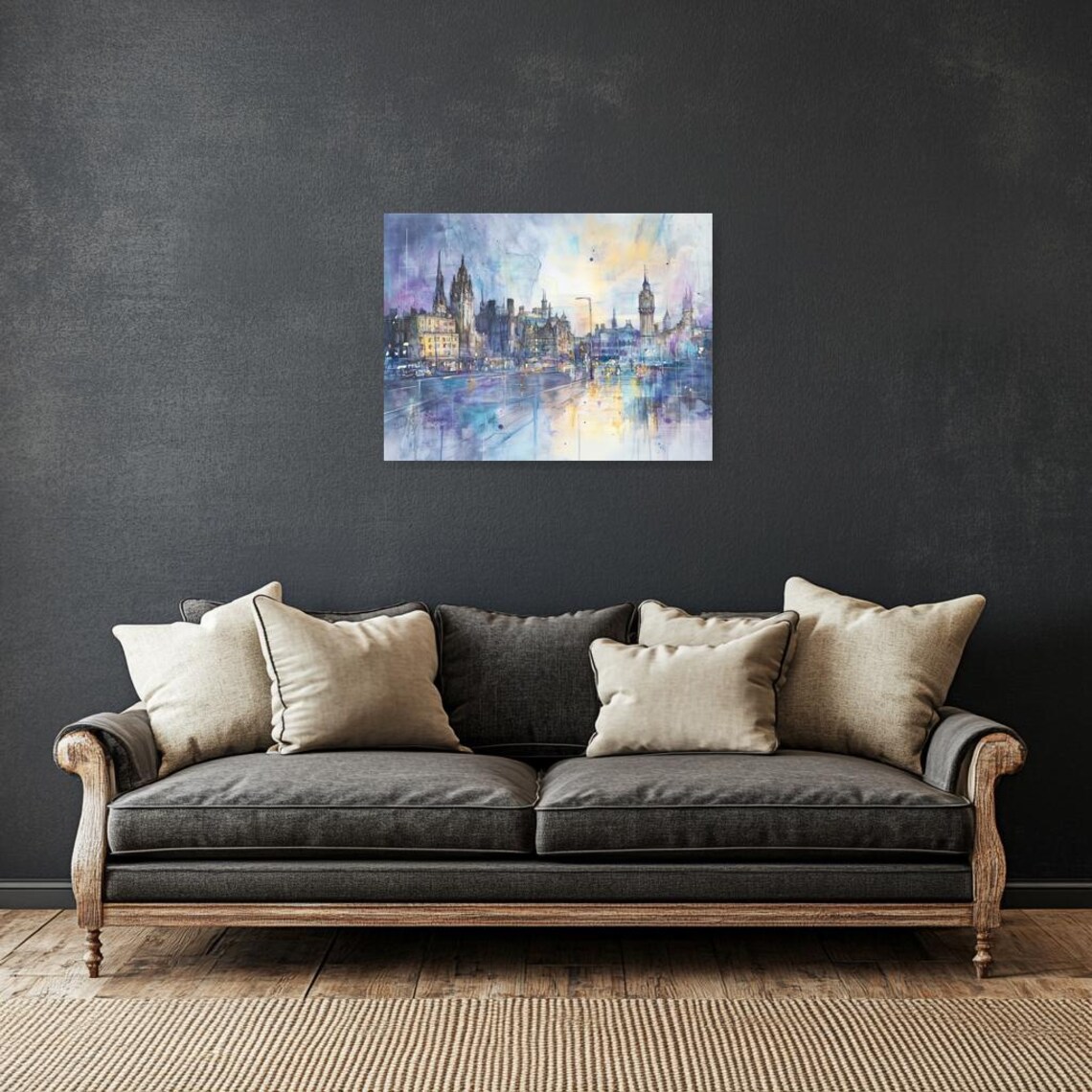 Rainy London Watercolor Cityscape with Big Ben Clock Tower Poster - Image 3