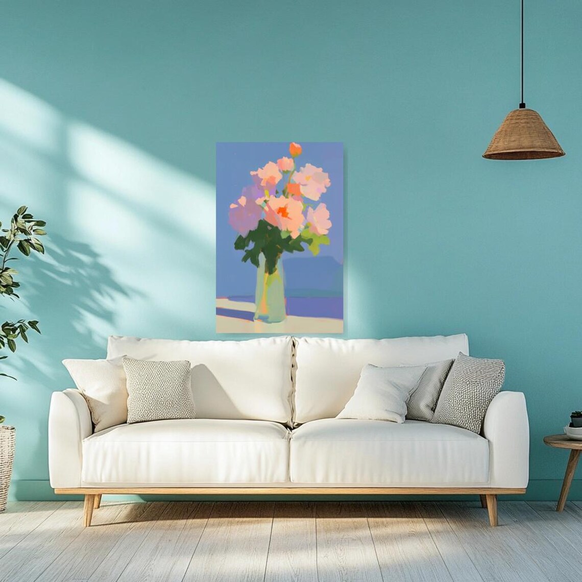 Pink Blossoms Glass Vase Blue Background Impressionist Floral Poster - Image 3