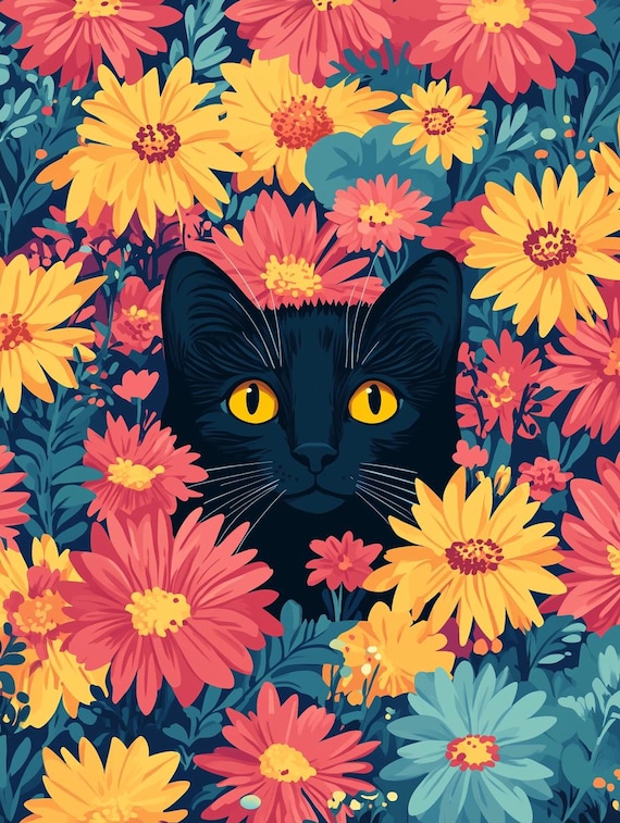 Cute Black Cat Peeking Through Colorful Flower Garden Poster