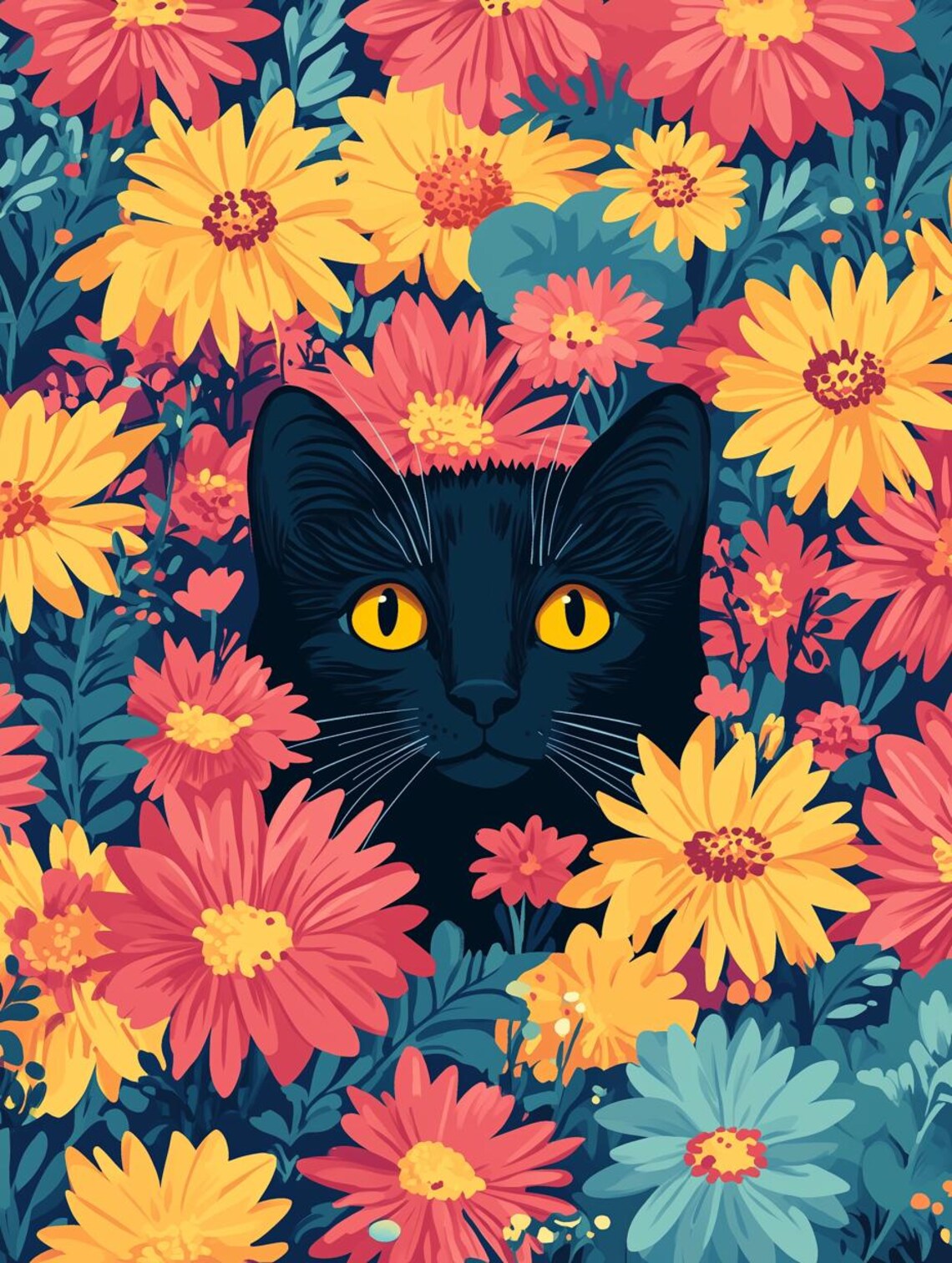 Cute Black Cat Peeking Through Colorful Flower Garden Poster