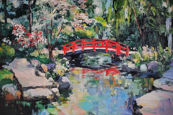 Japanese Garden Bridge Print Inspired By Monet Colorful Home Decor Nature Artwork Floral Wall Art